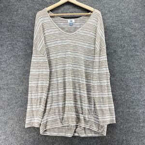 Old Navy T-Shirt Women XL Gray Striped V-Neck Long Sleeve Pullover Breathable